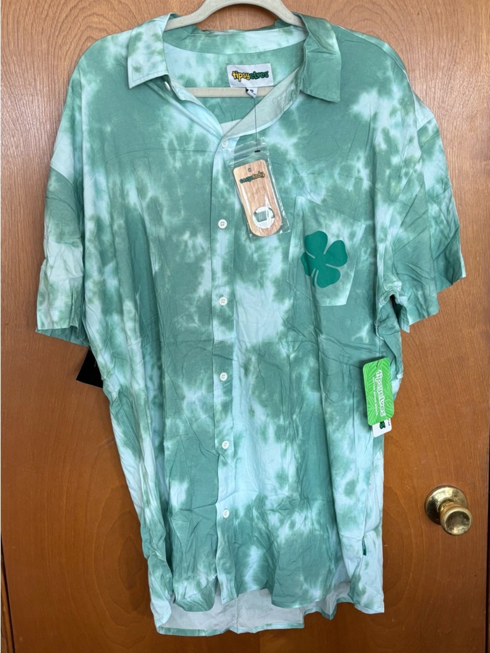 Tipsy Elves Green Tie-Dye Button-Down Shirt with Clover Graphic